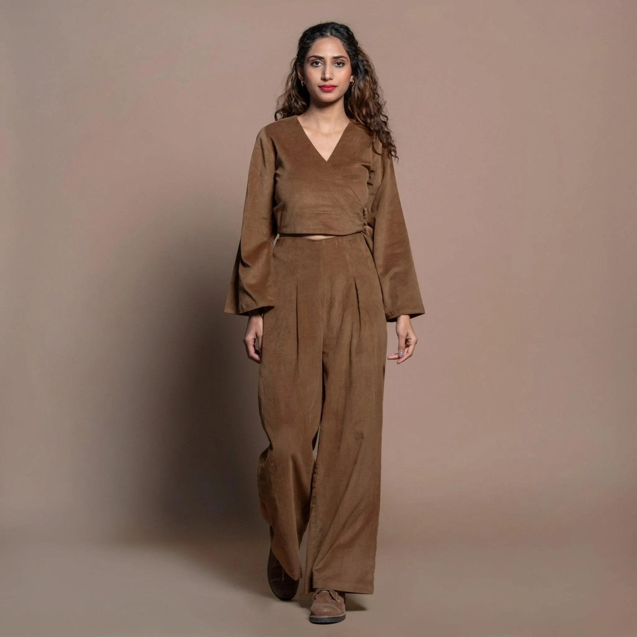 Camel Brown Cotton Velvet Full Sleeve Wrap Crop Top