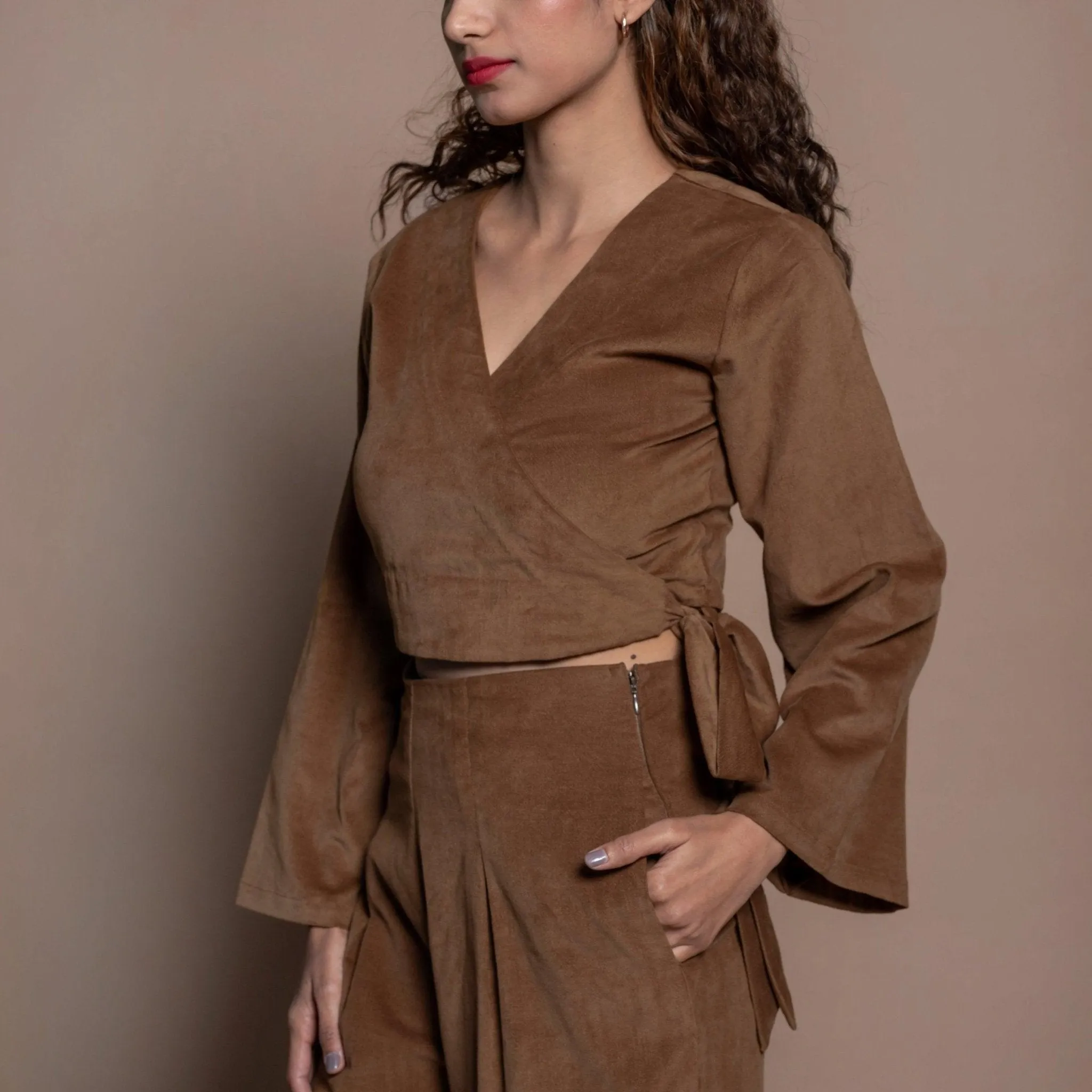 Camel Brown Cotton Velvet Full Sleeve Wrap Crop Top