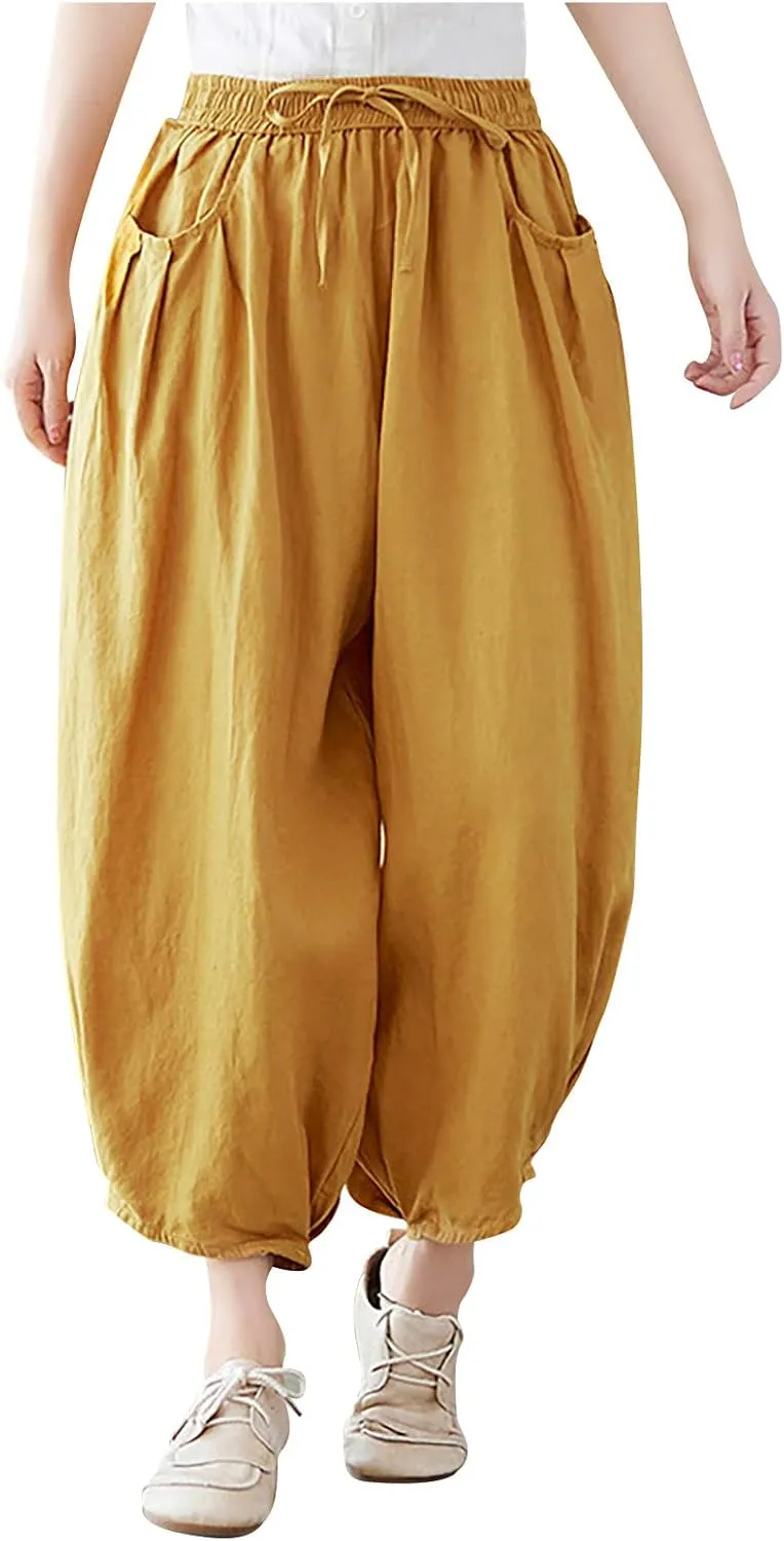 Ceboyel Womens Cotton Linen Harem Pants Drawstring Elastic Waist Summer Trouser Casual Baggy Pants Boho Beach Clothes 2023