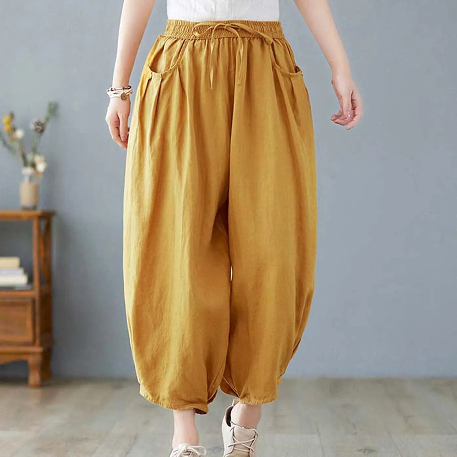 Ceboyel Womens Cotton Linen Harem Pants Drawstring Elastic Waist Summer Trouser Casual Baggy Pants Boho Beach Clothes 2023