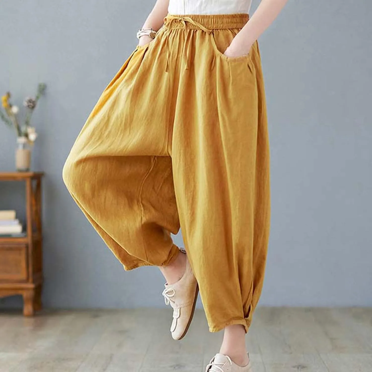 Ceboyel Womens Cotton Linen Harem Pants Drawstring Elastic Waist Summer Trouser Casual Baggy Pants Boho Beach Clothes 2023