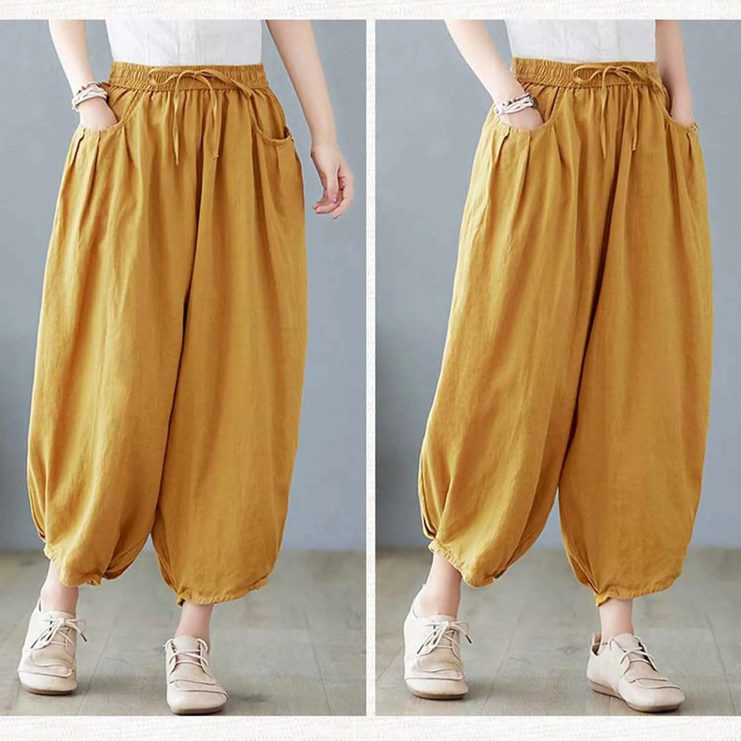 Ceboyel Womens Cotton Linen Harem Pants Drawstring Elastic Waist Summer Trouser Casual Baggy Pants Boho Beach Clothes 2023