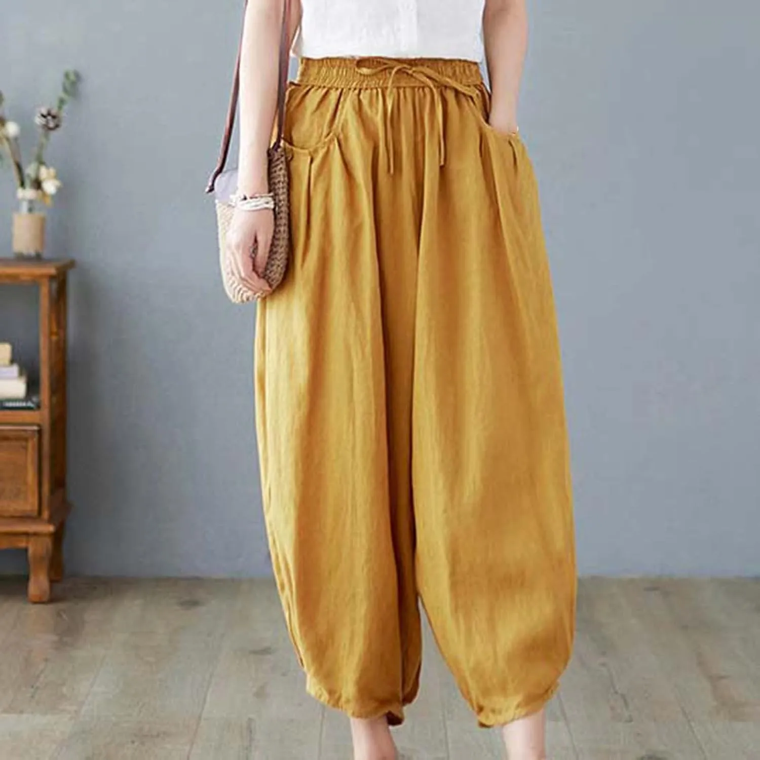 Ceboyel Womens Cotton Linen Harem Pants Drawstring Elastic Waist Summer Trouser Casual Baggy Pants Boho Beach Clothes 2023