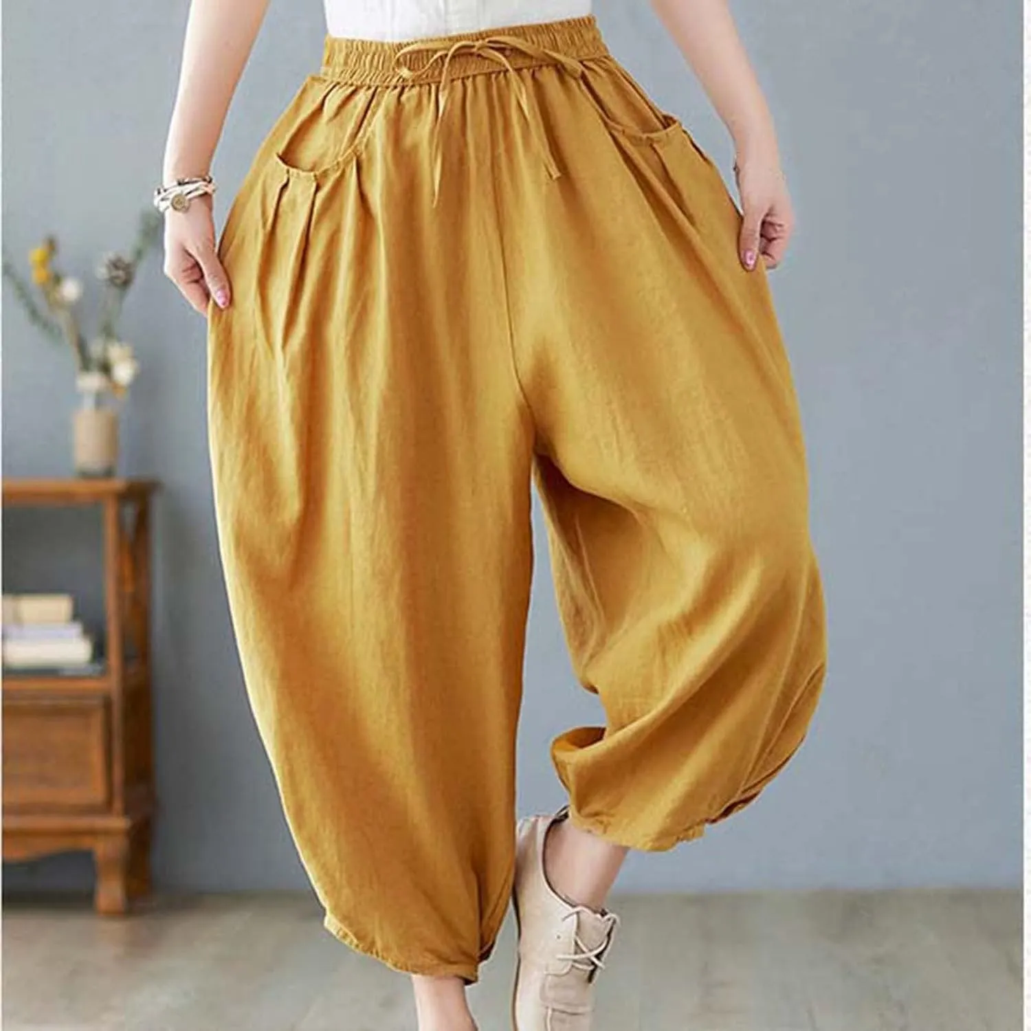Ceboyel Womens Cotton Linen Harem Pants Drawstring Elastic Waist Summer Trouser Casual Baggy Pants Boho Beach Clothes 2023