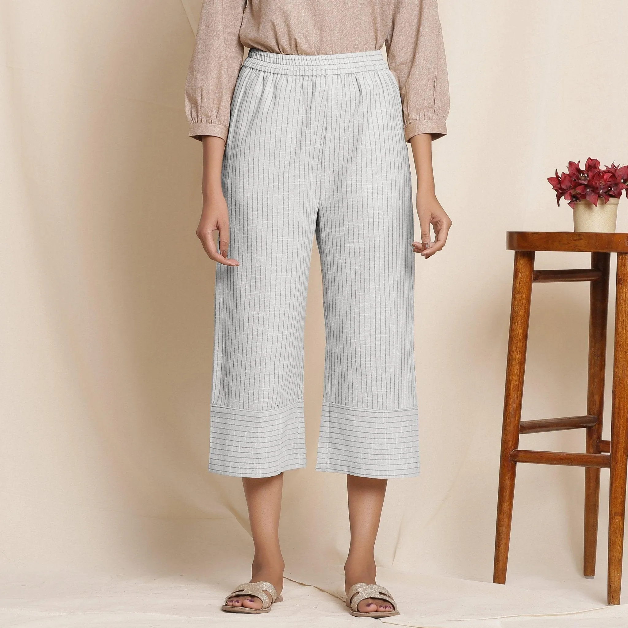 Cloudy Grey Warm Cotton Culottes Striped Pant
