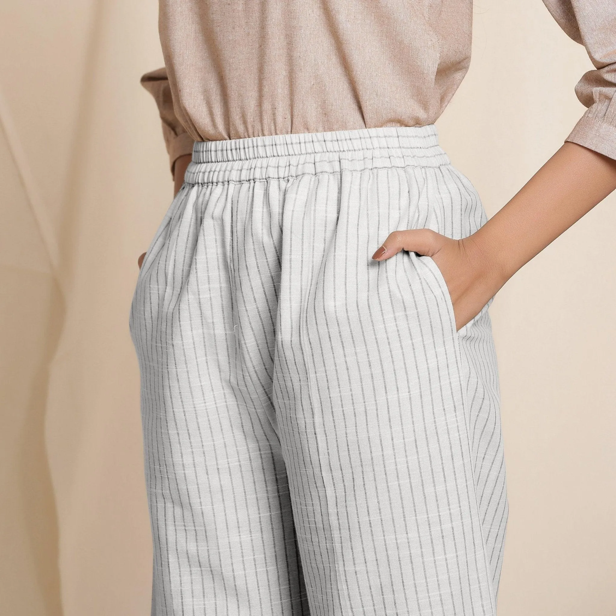 Cloudy Grey Warm Cotton Culottes Striped Pant