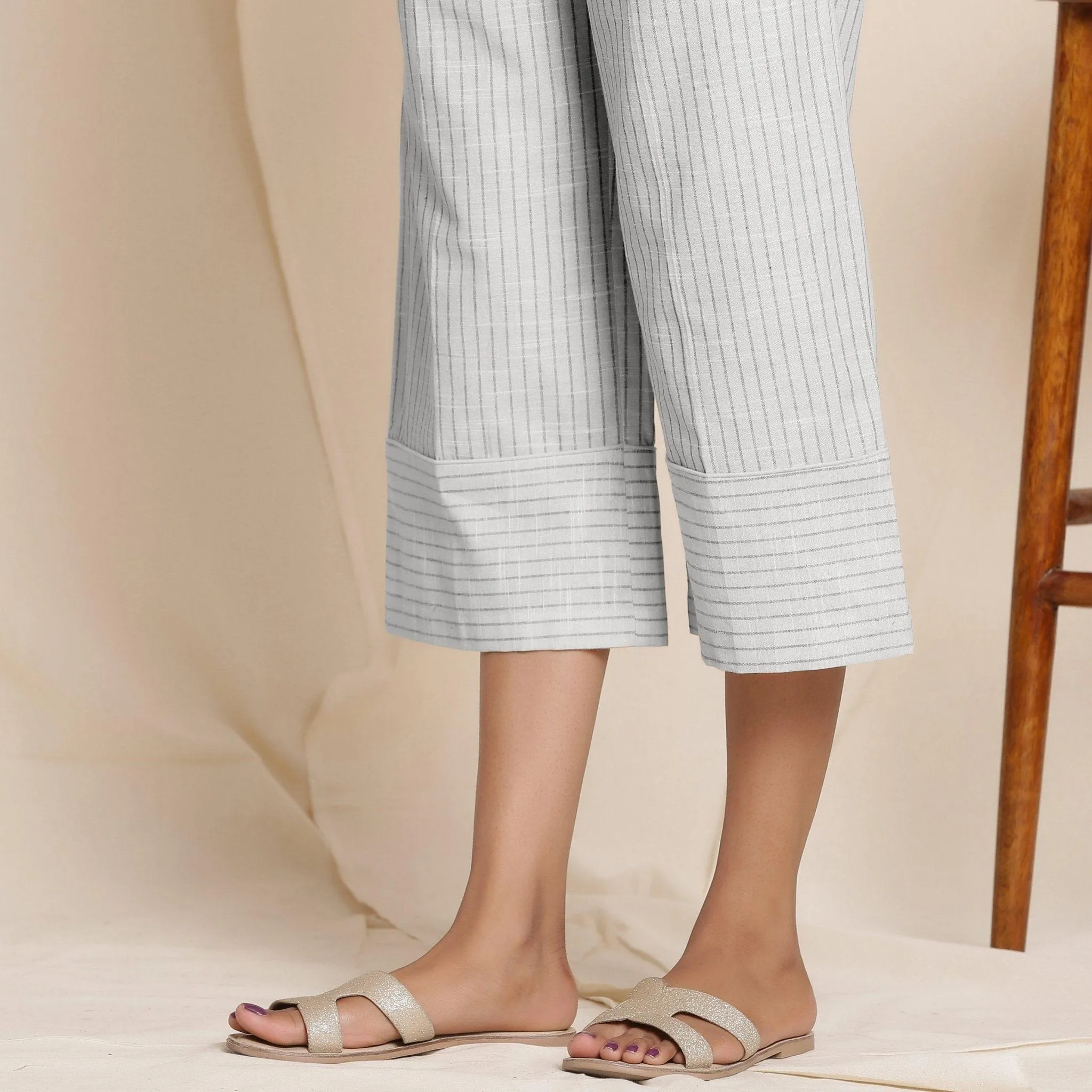 Cloudy Grey Warm Cotton Culottes Striped Pant