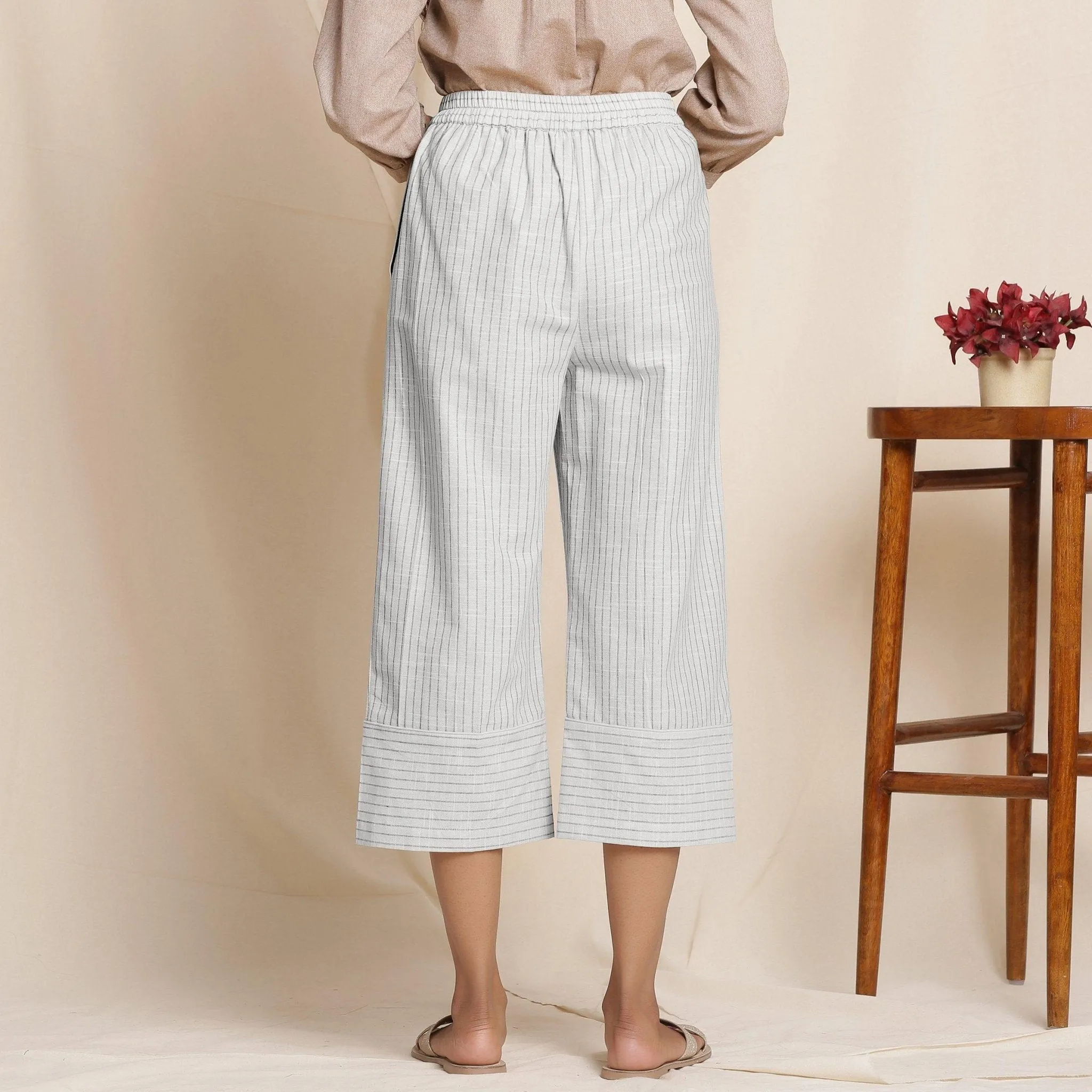 Cloudy Grey Warm Cotton Culottes Striped Pant