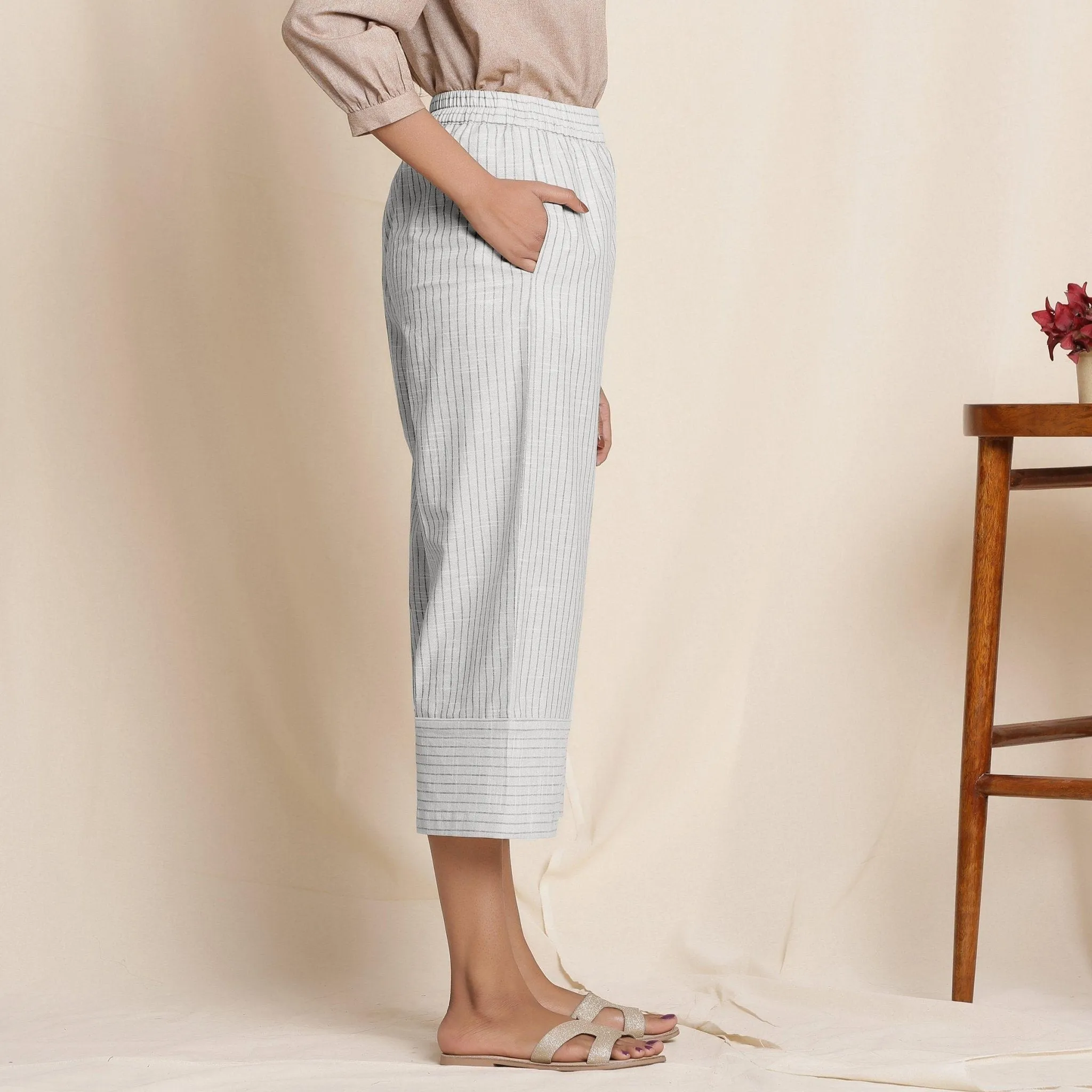 Cloudy Grey Warm Cotton Culottes Striped Pant