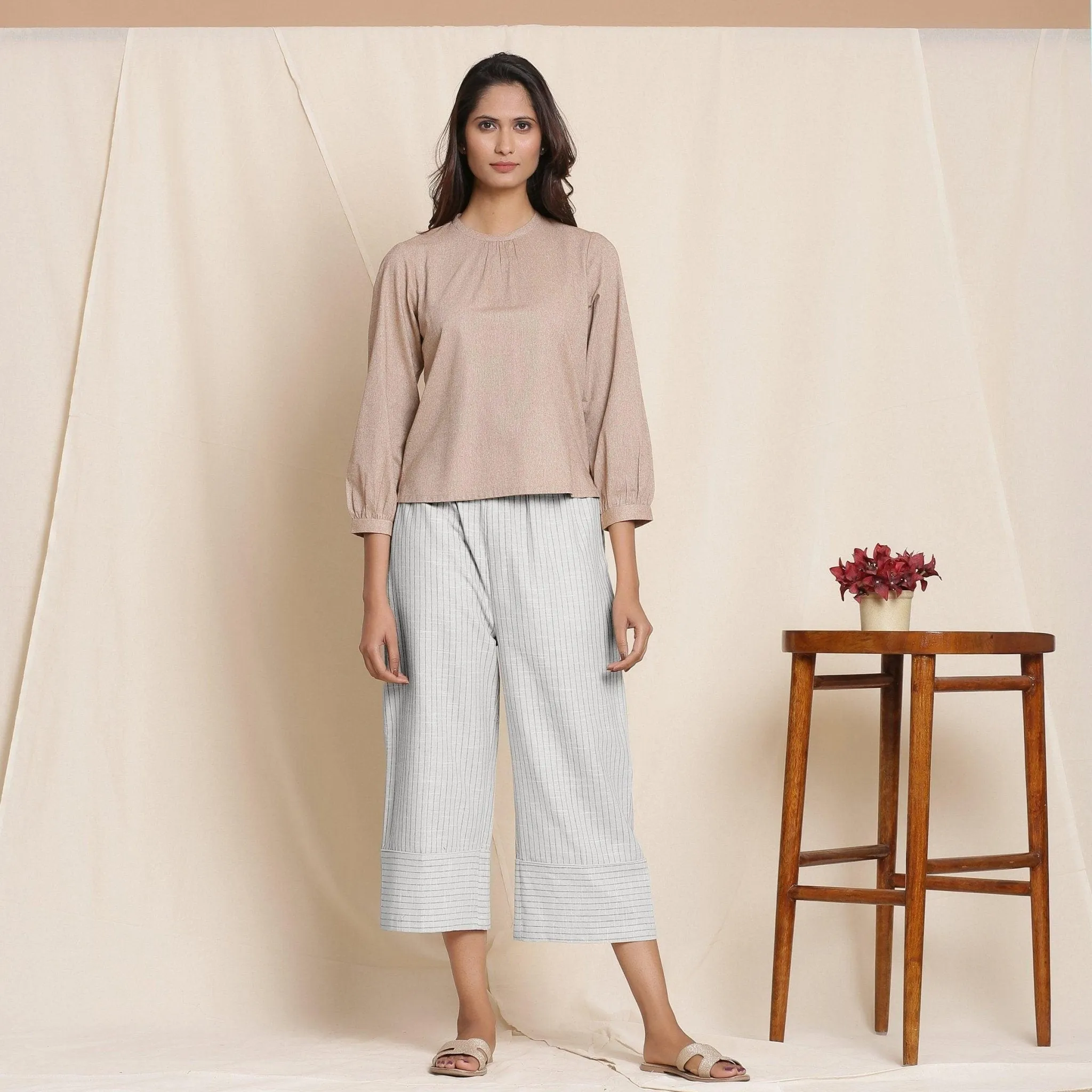 Cloudy Grey Warm Cotton Culottes Striped Pant