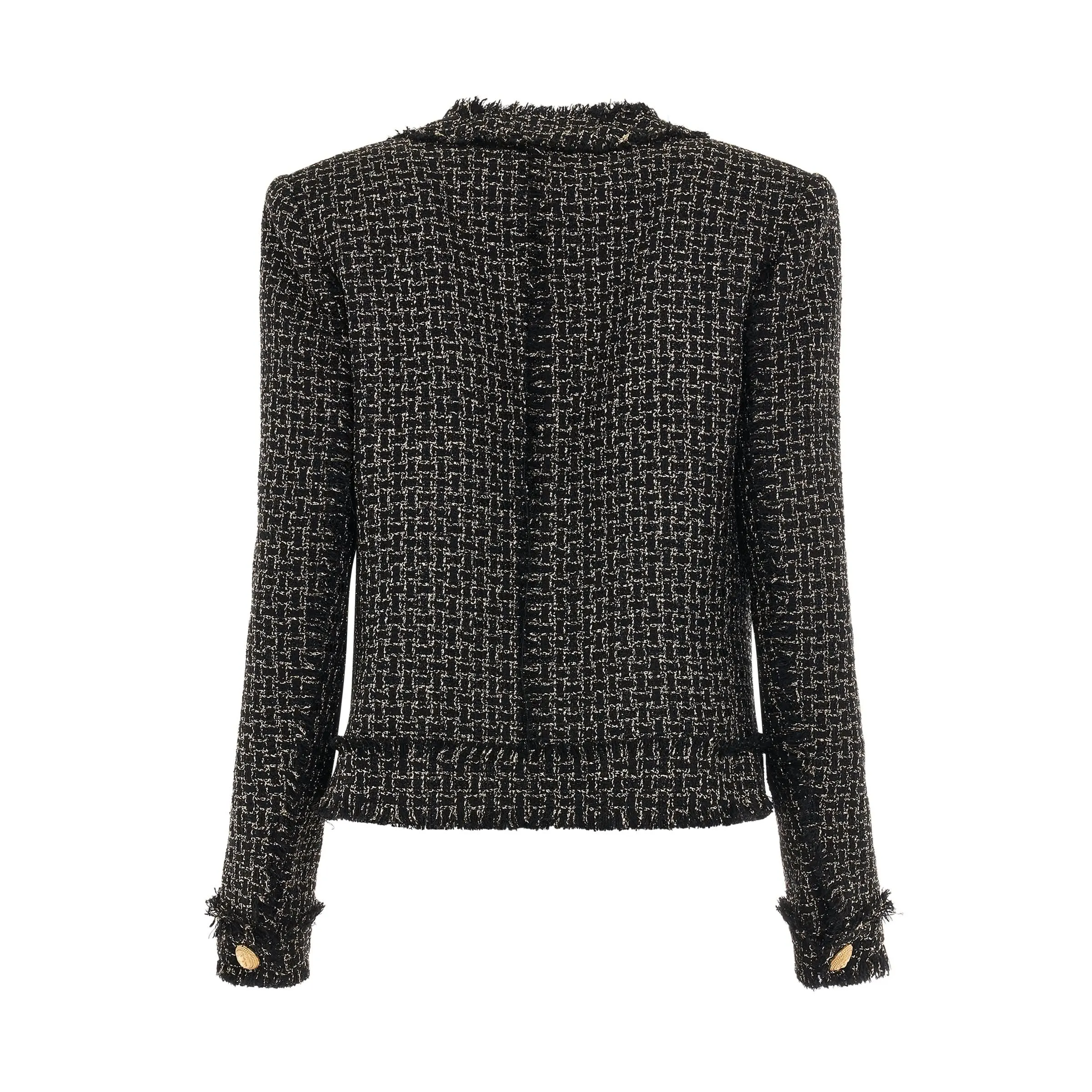 Collarless Side To Side Lurex Tweed Jckt in Black/Gold