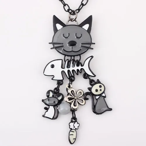 Colorful French Cat Necklace Enamel Pendant Fish Alloy Charm Brand Jewelry For Women Girl