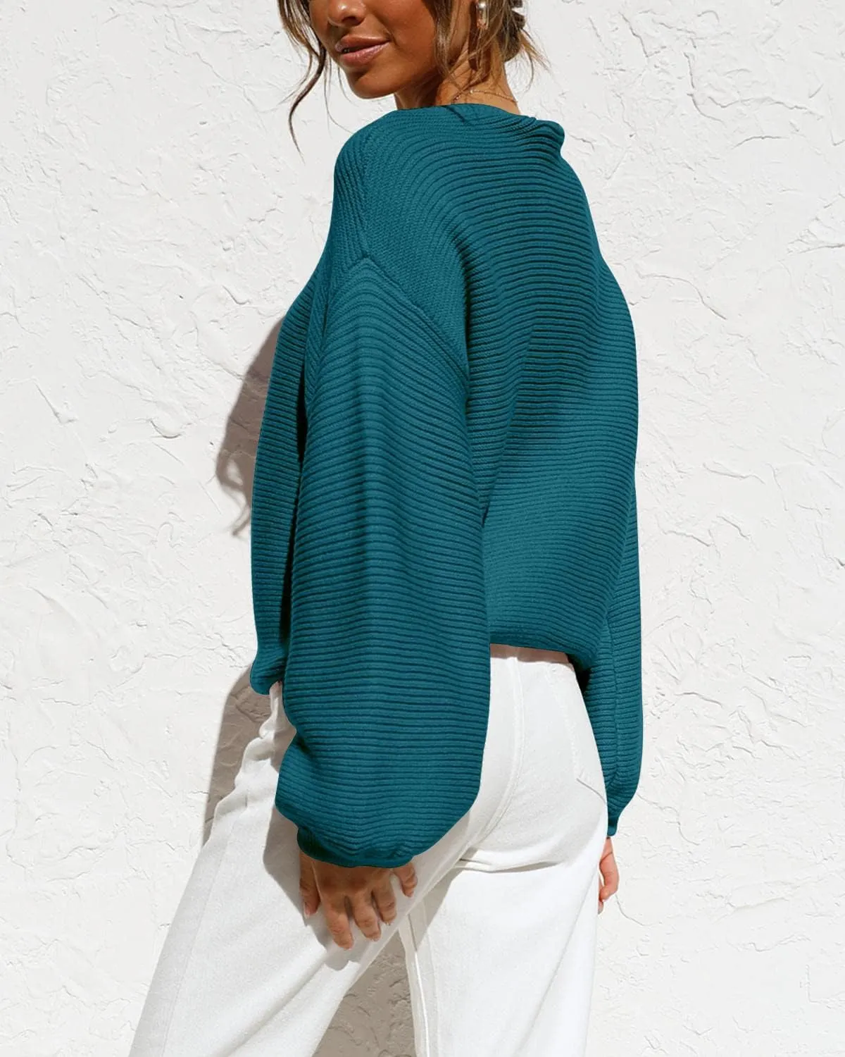 Coololi Women's Puff Sleeve Knit Pullover Ribbed Sweaters Crewneck Oversized Loose Casual Cozy Soft Slouchy Sweater Tops