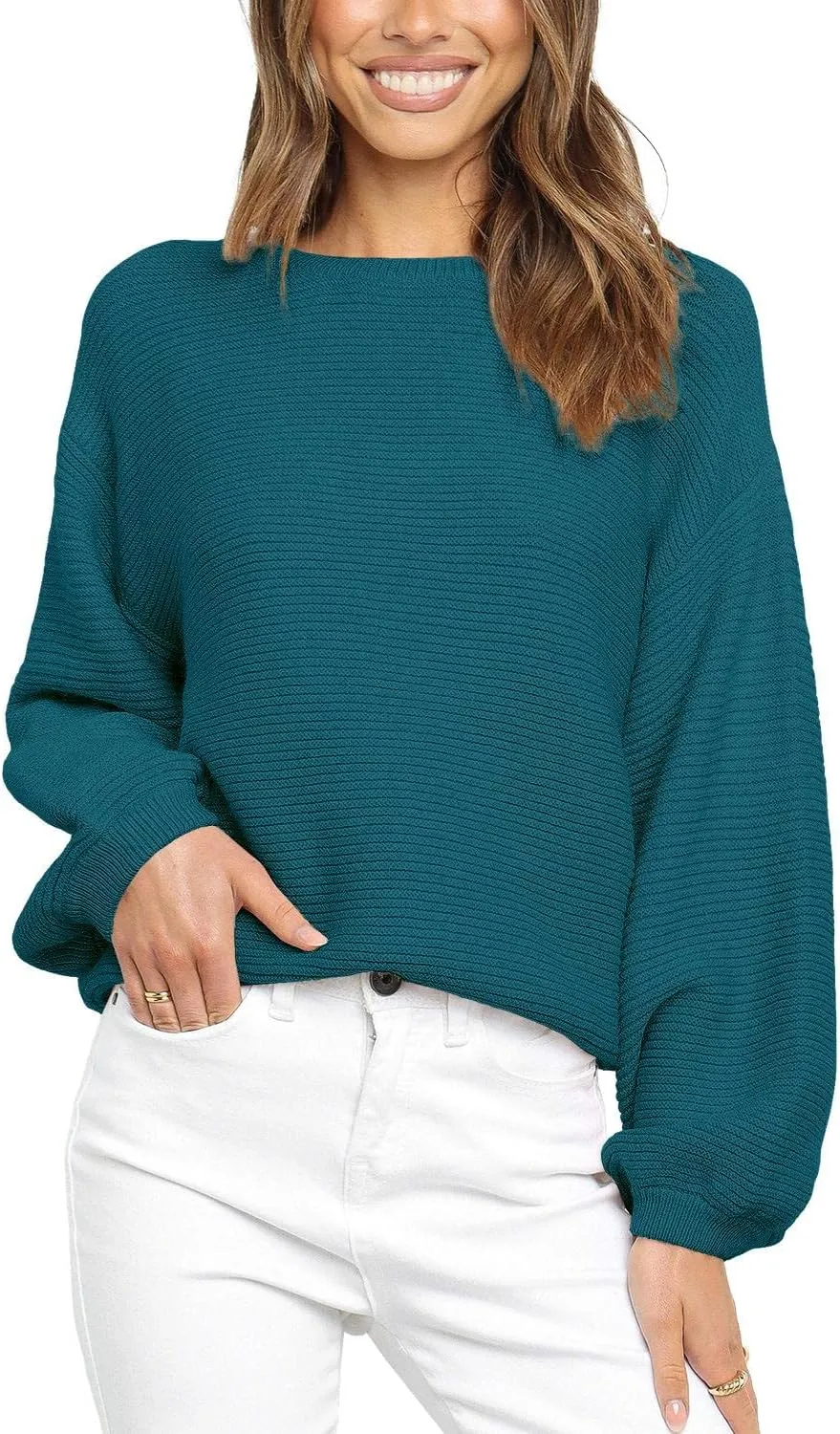Coololi Women's Puff Sleeve Knit Pullover Ribbed Sweaters Crewneck Oversized Loose Casual Cozy Soft Slouchy Sweater Tops