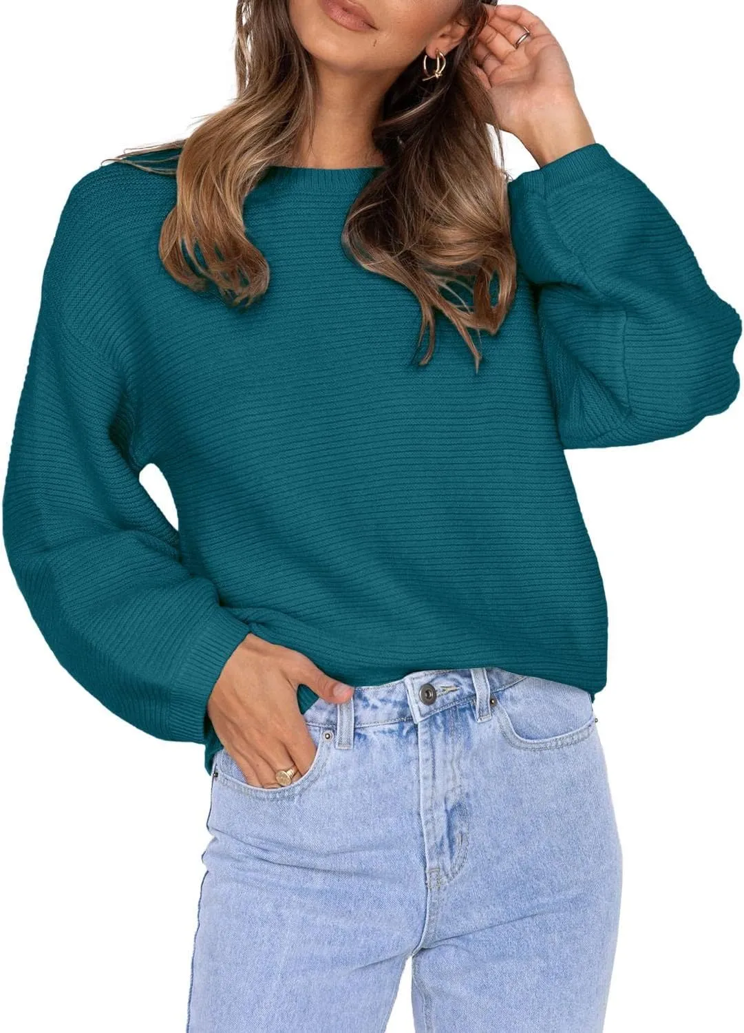 Coololi Women's Puff Sleeve Knit Pullover Ribbed Sweaters Crewneck Oversized Loose Casual Cozy Soft Slouchy Sweater Tops