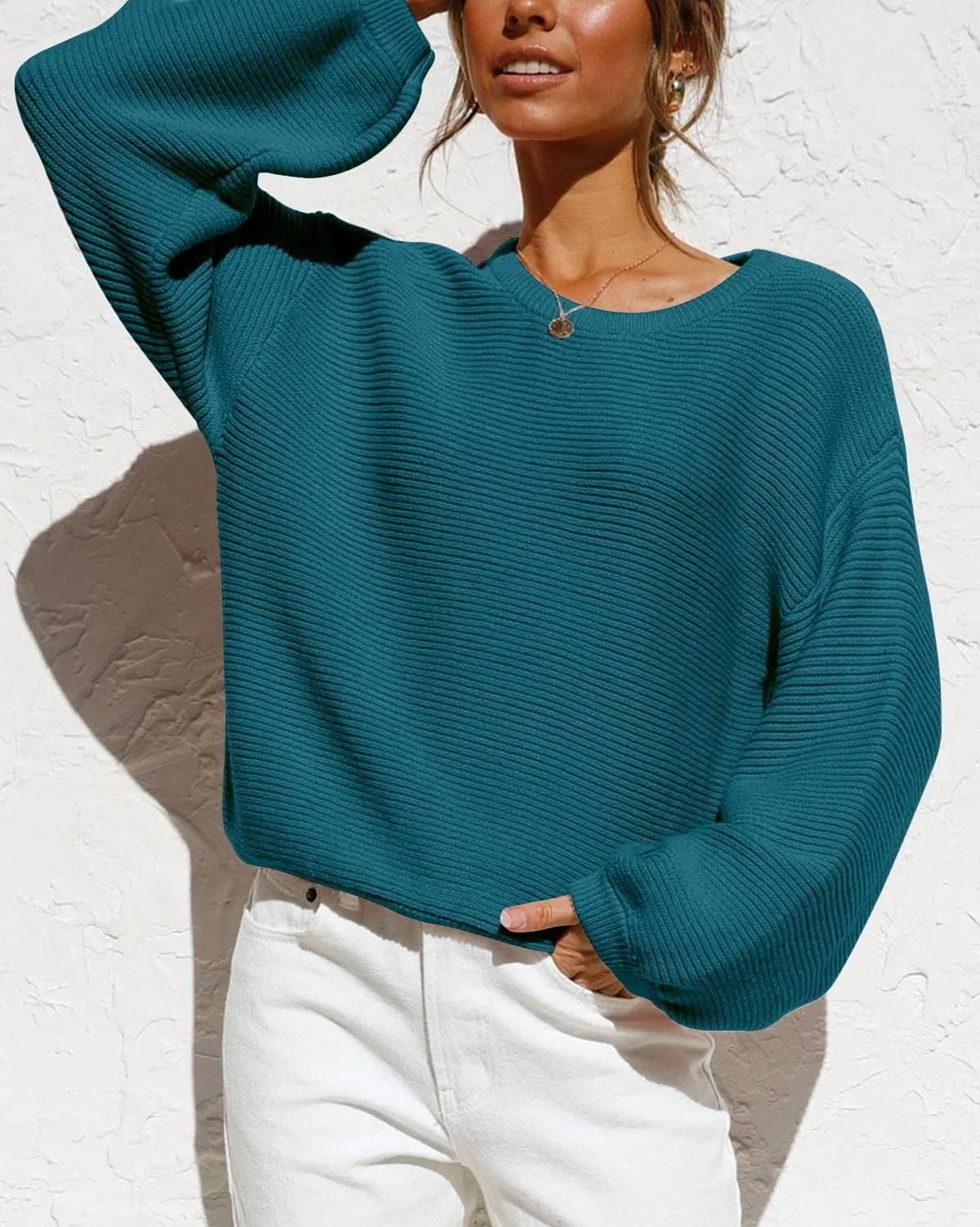 Coololi Women's Puff Sleeve Knit Pullover Ribbed Sweaters Crewneck Oversized Loose Casual Cozy Soft Slouchy Sweater Tops