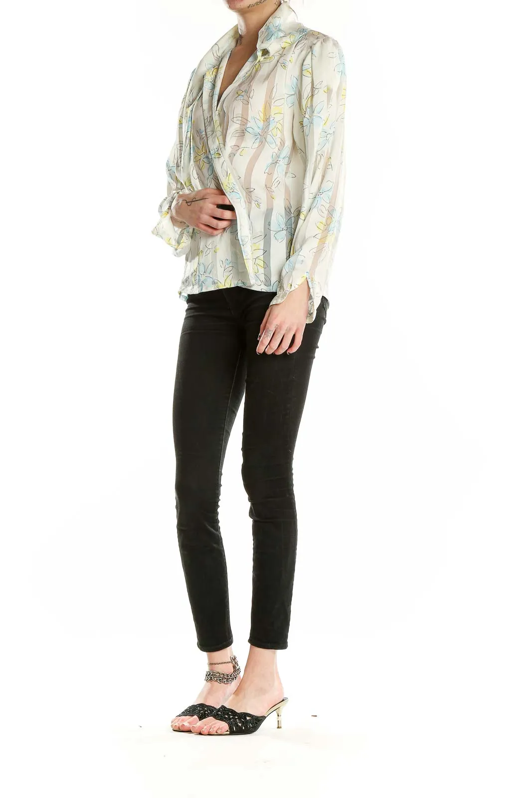 Cream Floral Sheer Wrap Blouse