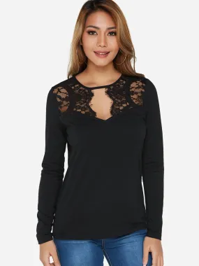 Custom Round Neck Plain Lace Long Sleeve Black Fashion T-Shirt