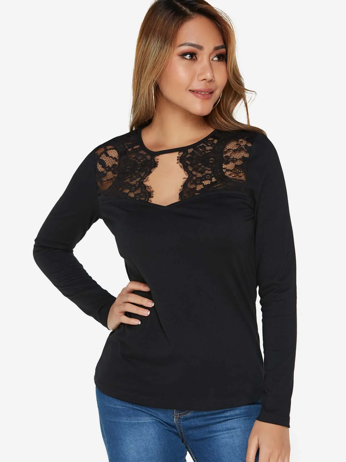 Custom Round Neck Plain Lace Long Sleeve Black Fashion T-Shirt