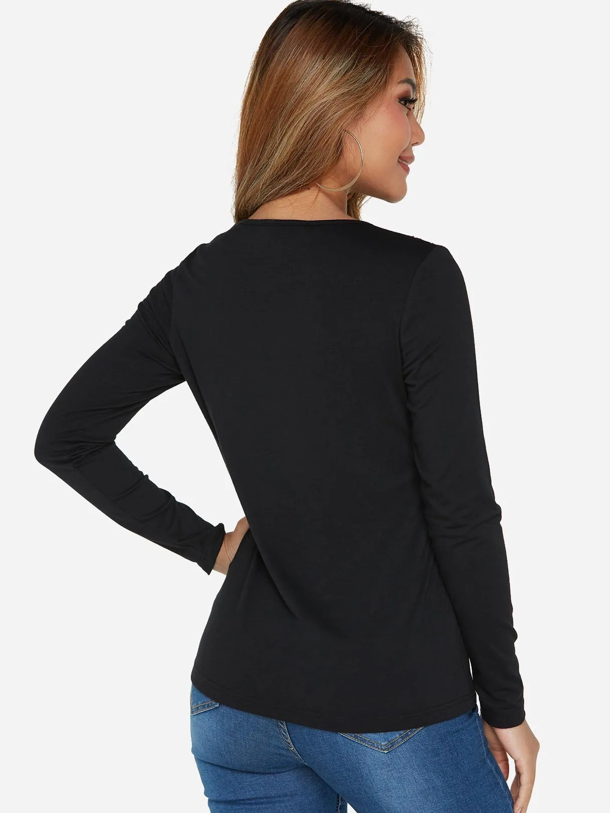 Custom Round Neck Plain Lace Long Sleeve Black Fashion T-Shirt