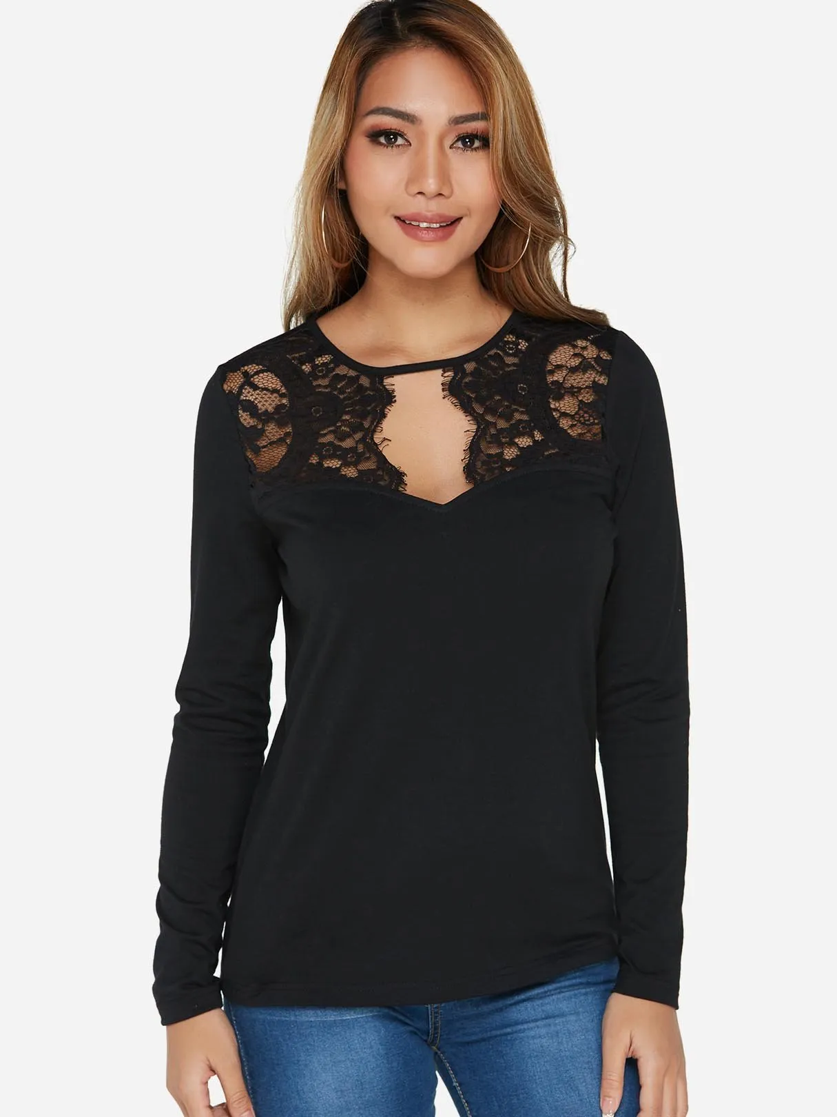 Custom Round Neck Plain Lace Long Sleeve Black Fashion T-Shirt