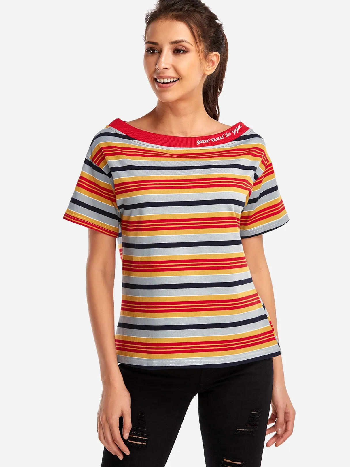 Custom Round Neck Stripe Short Sleeve Red T-Shirts