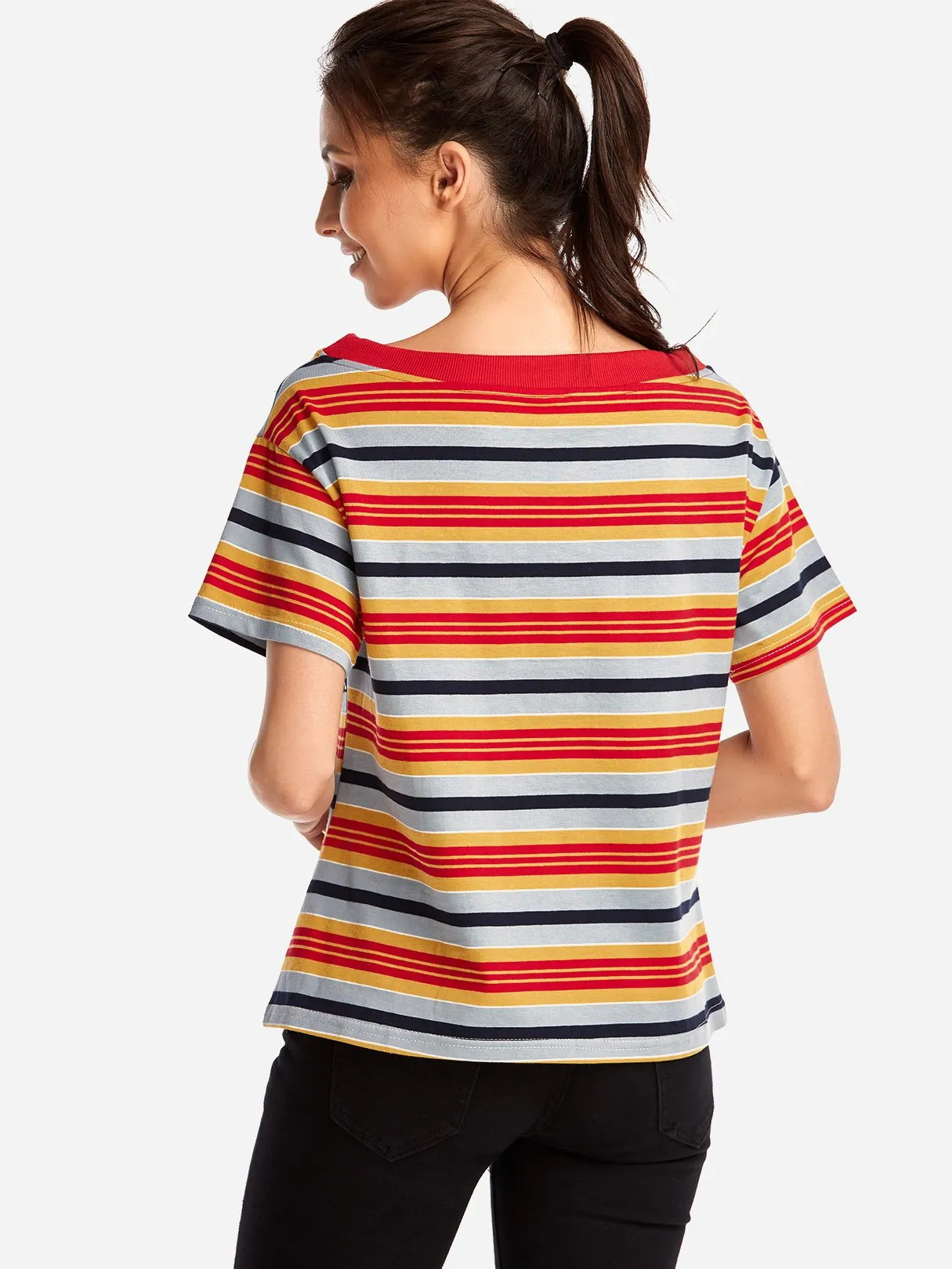 Custom Round Neck Stripe Short Sleeve Red T-Shirts