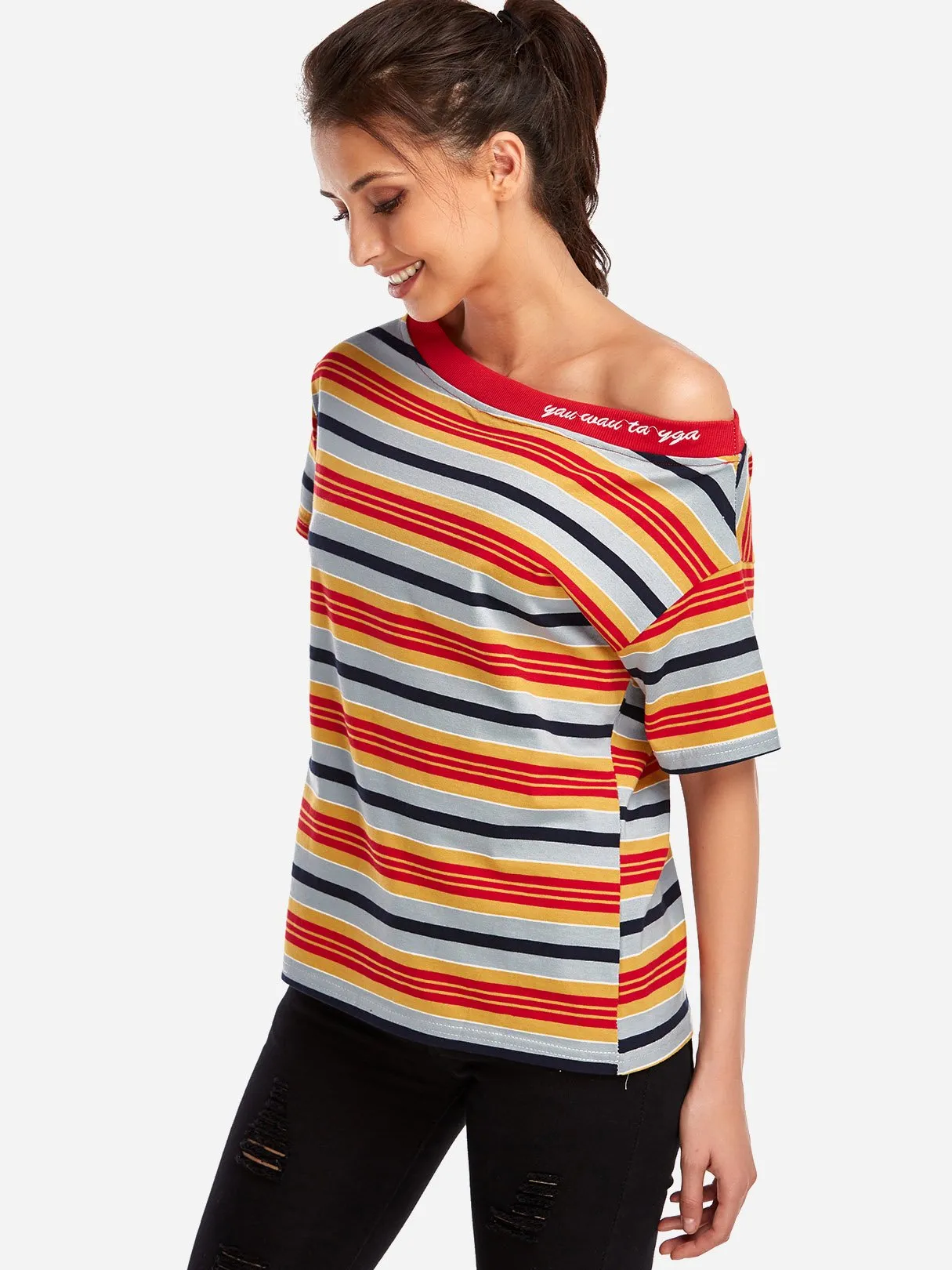 Custom Round Neck Stripe Short Sleeve Red T-Shirts