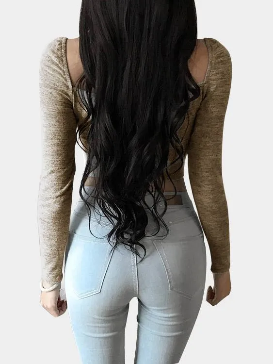 Custom Square Neck Lace-Up Long Sleeve Khaki Top