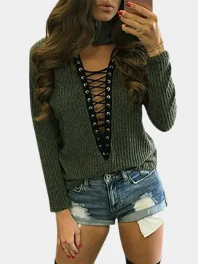 Custom V-Neck High Neck Long Sleeve Army Green Top