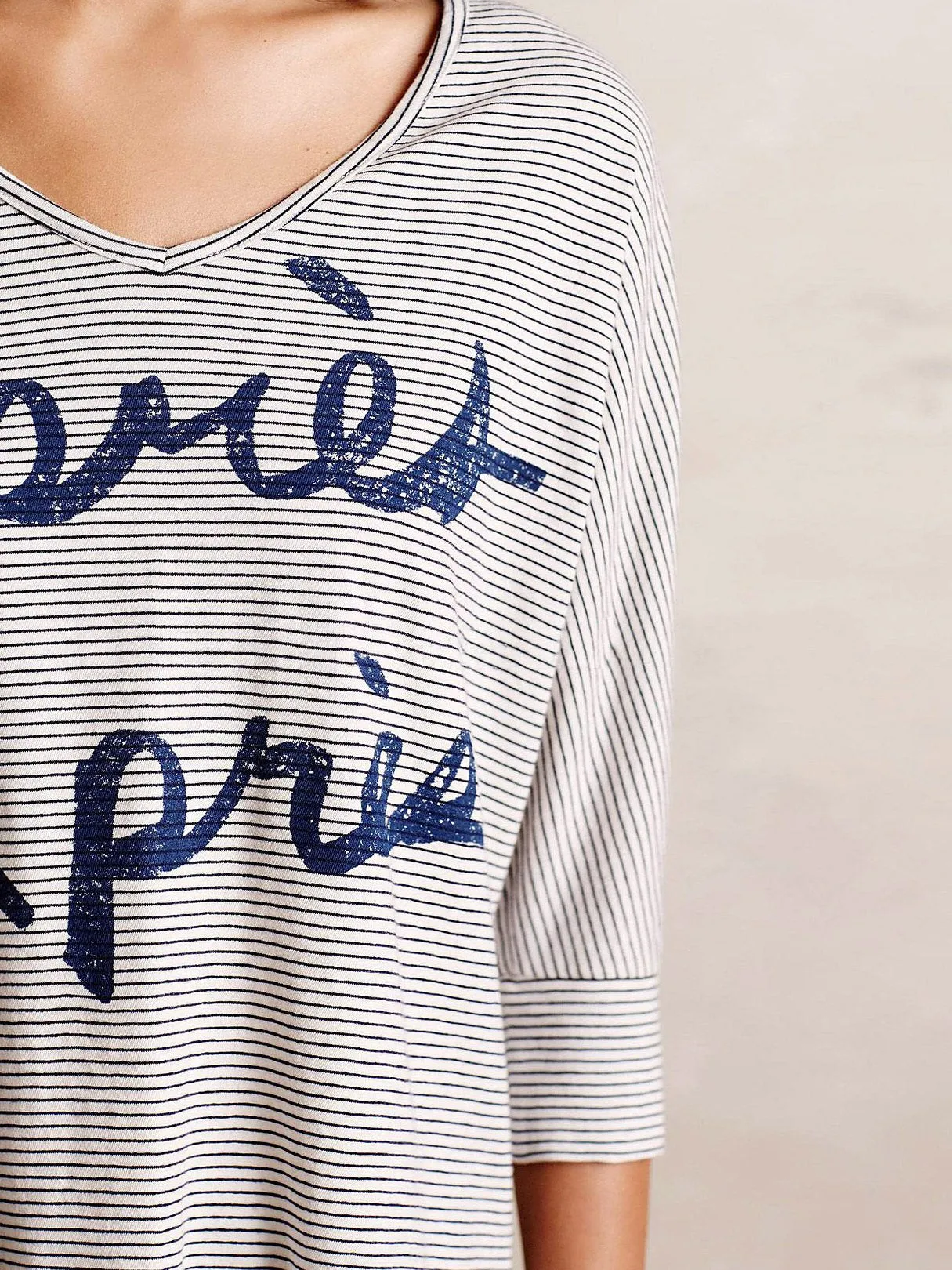 Custom V-Neck Stripe Long Sleeve Top With Latter Print