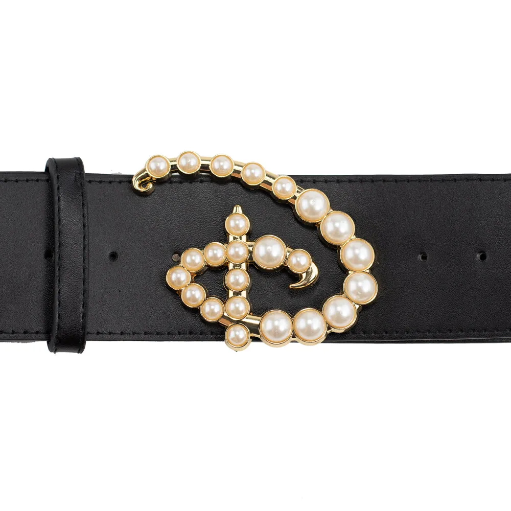 Disney Signature D Logo Faux Pearl Gold Cast Buckle - Black PU Strap Belt