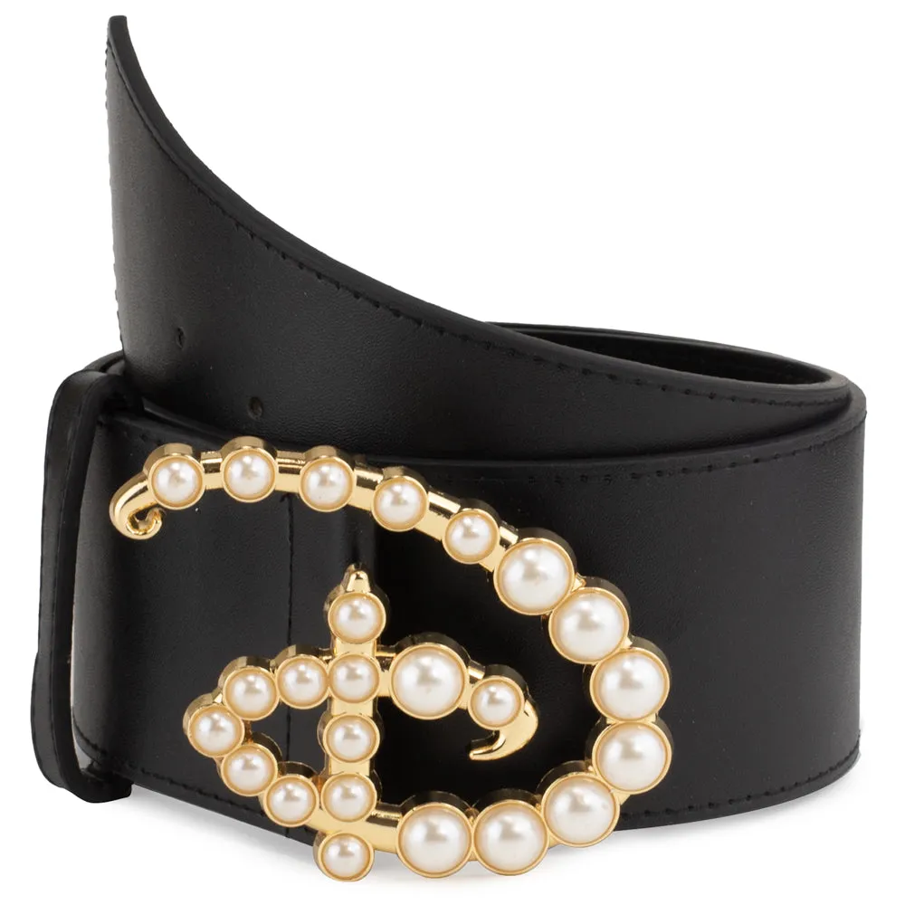 Disney Signature D Logo Faux Pearl Gold Cast Buckle - Black PU Strap Belt