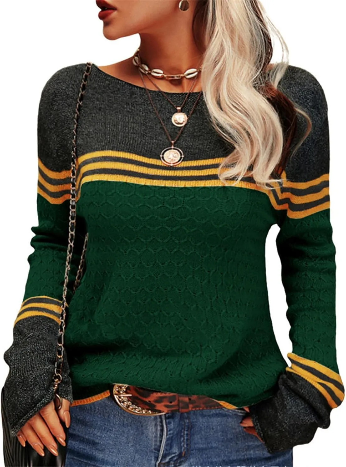 Fall Sweaters for Women Trendy Casual Long Sleeve Color Block Round Neck Striped Slim Fit Pullover Jumper Tops