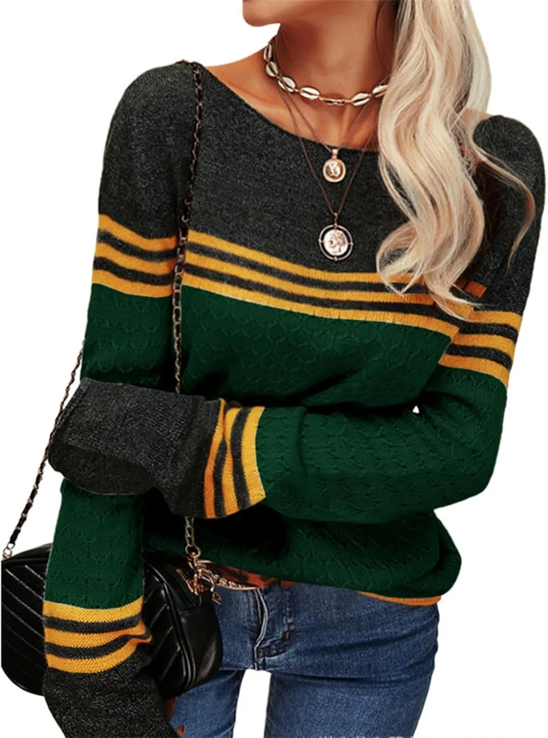 Fall Sweaters for Women Trendy Casual Long Sleeve Color Block Round Neck Striped Slim Fit Pullover Jumper Tops
