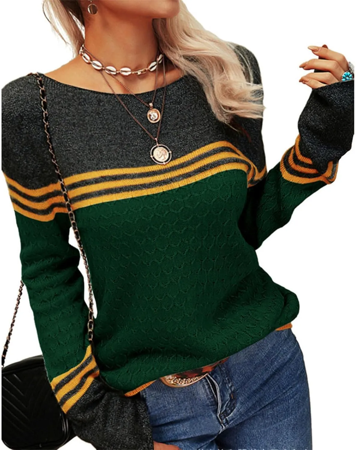 Fall Sweaters for Women Trendy Casual Long Sleeve Color Block Round Neck Striped Slim Fit Pullover Jumper Tops