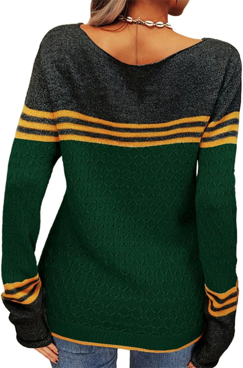 Fall Sweaters for Women Trendy Casual Long Sleeve Color Block Round Neck Striped Slim Fit Pullover Jumper Tops