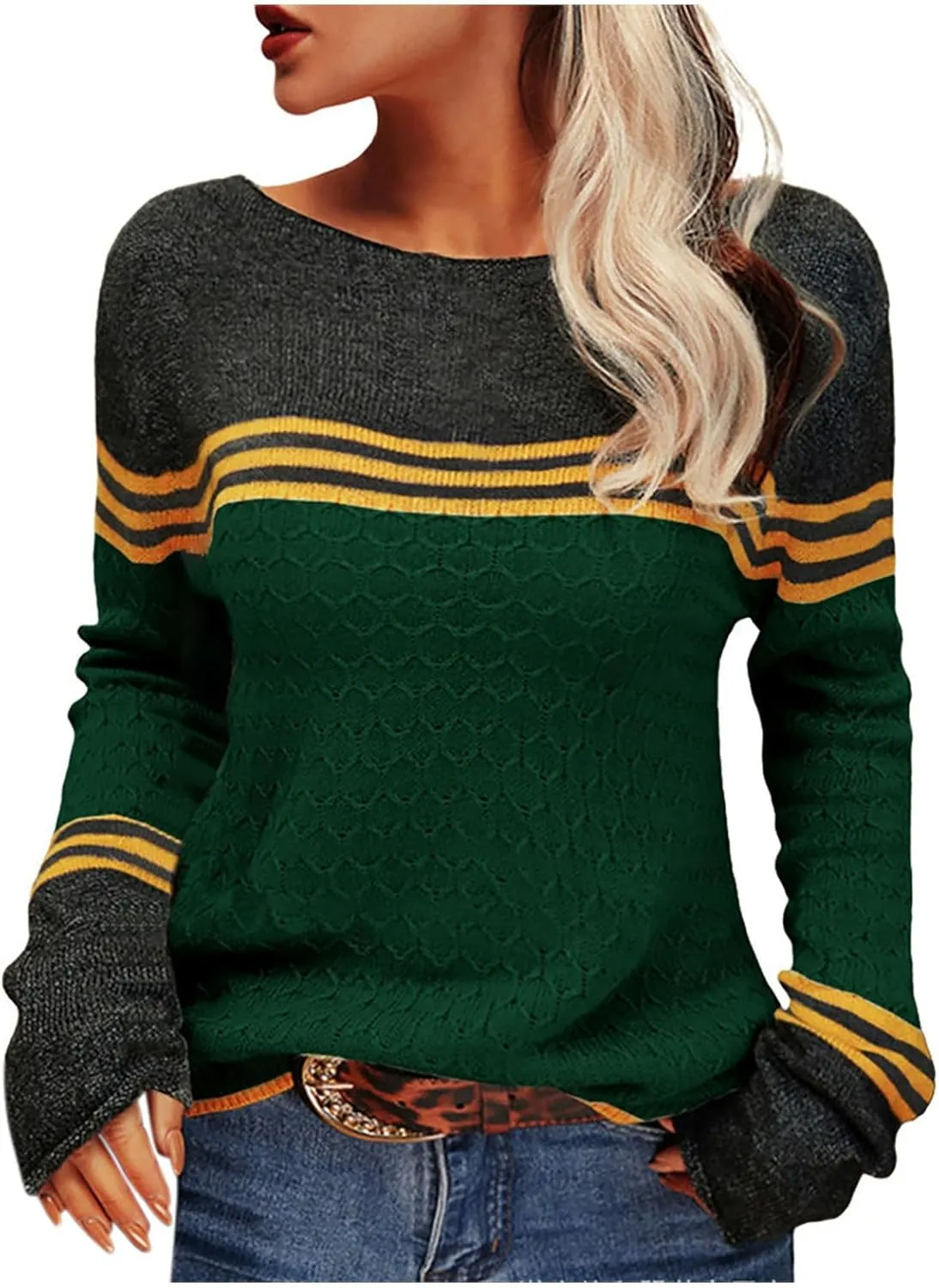 Fall Sweaters for Women Trendy Casual Long Sleeve Color Block Round Neck Striped Slim Fit Pullover Jumper Tops
