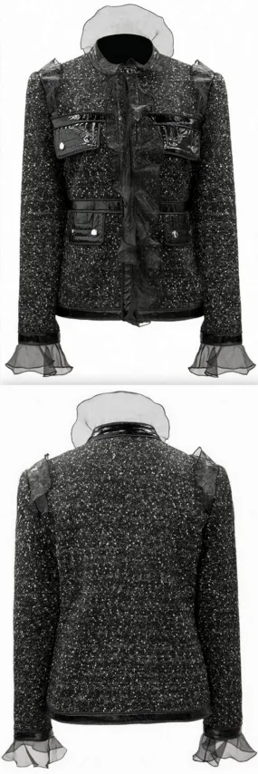 Faux-Leather Patchwork Tulle-Trim Jacket
