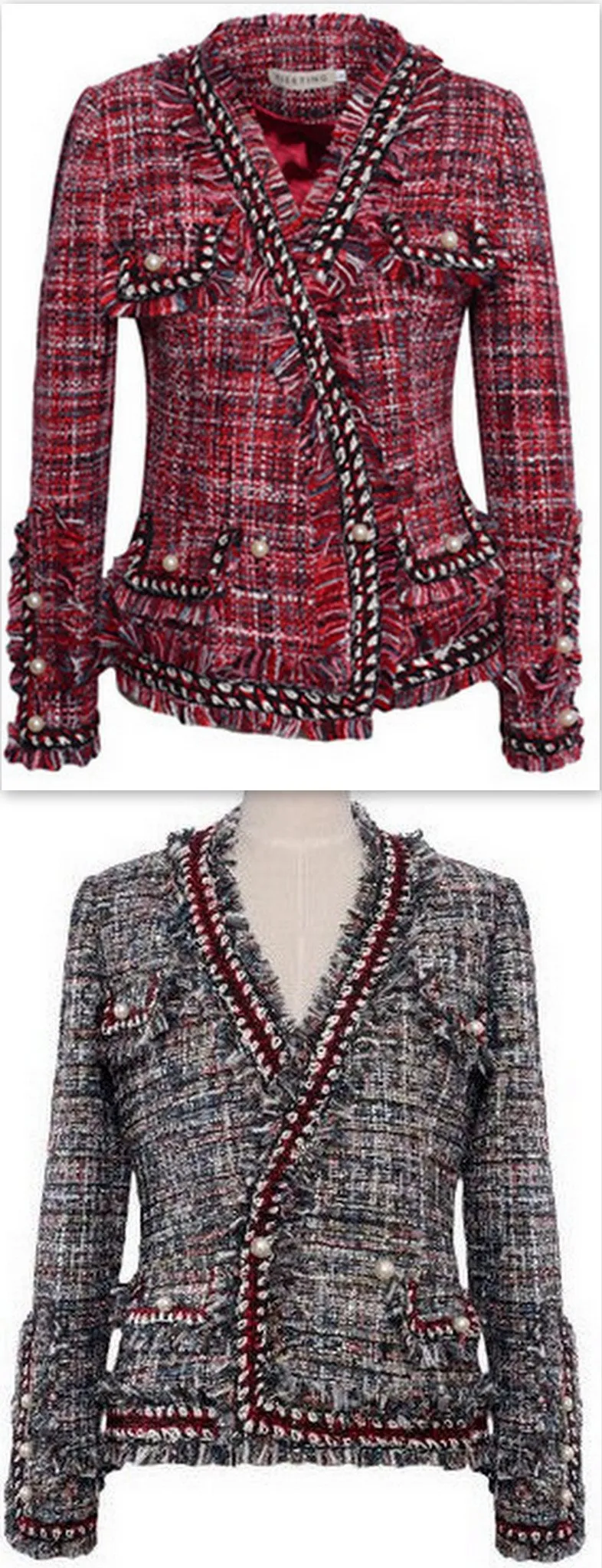 Fringed Tweed Knit Jacket in Red or Grey