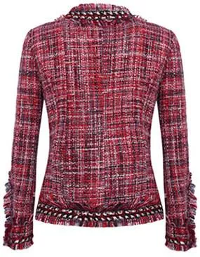 Fringed Tweed Knit Jacket in Red or Grey