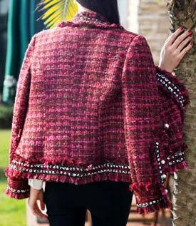 Fringed Tweed Knit Jacket in Red or Grey