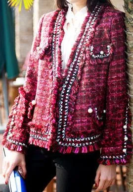 Fringed Tweed Knit Jacket in Red or Grey