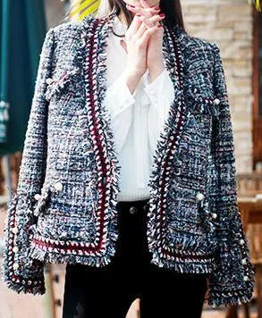 Fringed Tweed Knit Jacket in Red or Grey