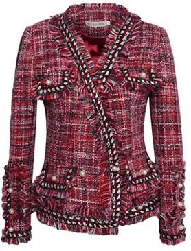 Fringed Tweed Knit Jacket in Red or Grey