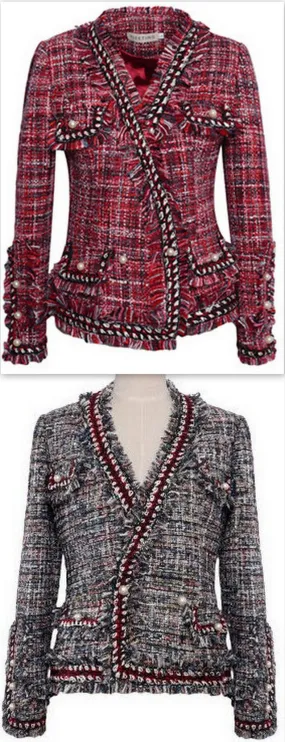 Fringed Tweed Knit Jacket in Red or Grey