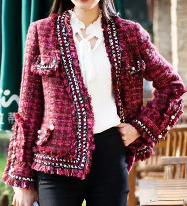 Fringed Tweed Knit Jacket in Red or Grey