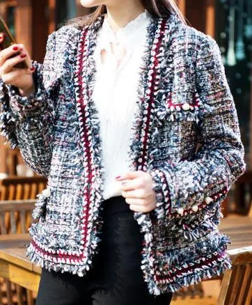 Fringed Tweed Knit Jacket in Red or Grey