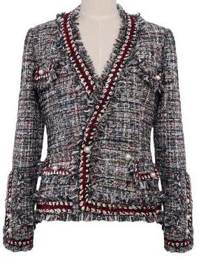 Fringed Tweed Knit Jacket in Red or Grey