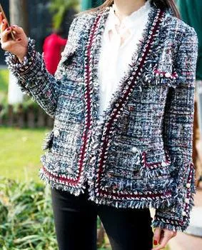 Fringed Tweed Knit Jacket in Red or Grey